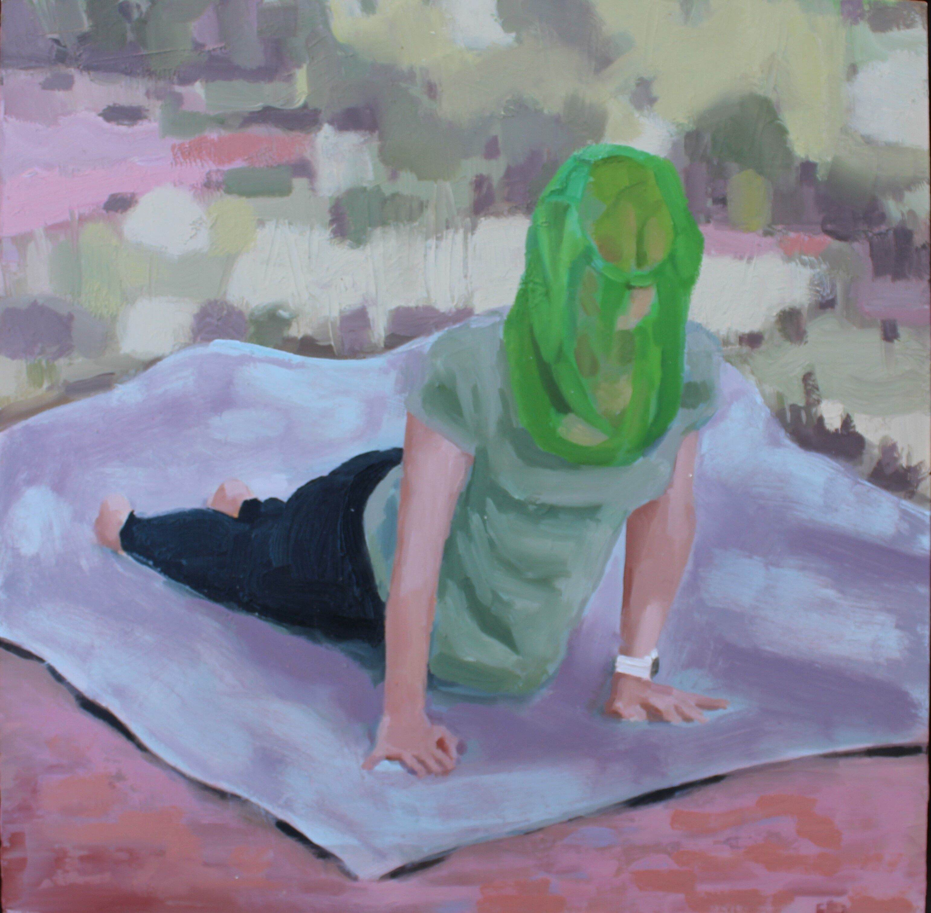 Patrice Wills_Camp Yoga with Flies_oil on canvas_23 x 23cm_framed