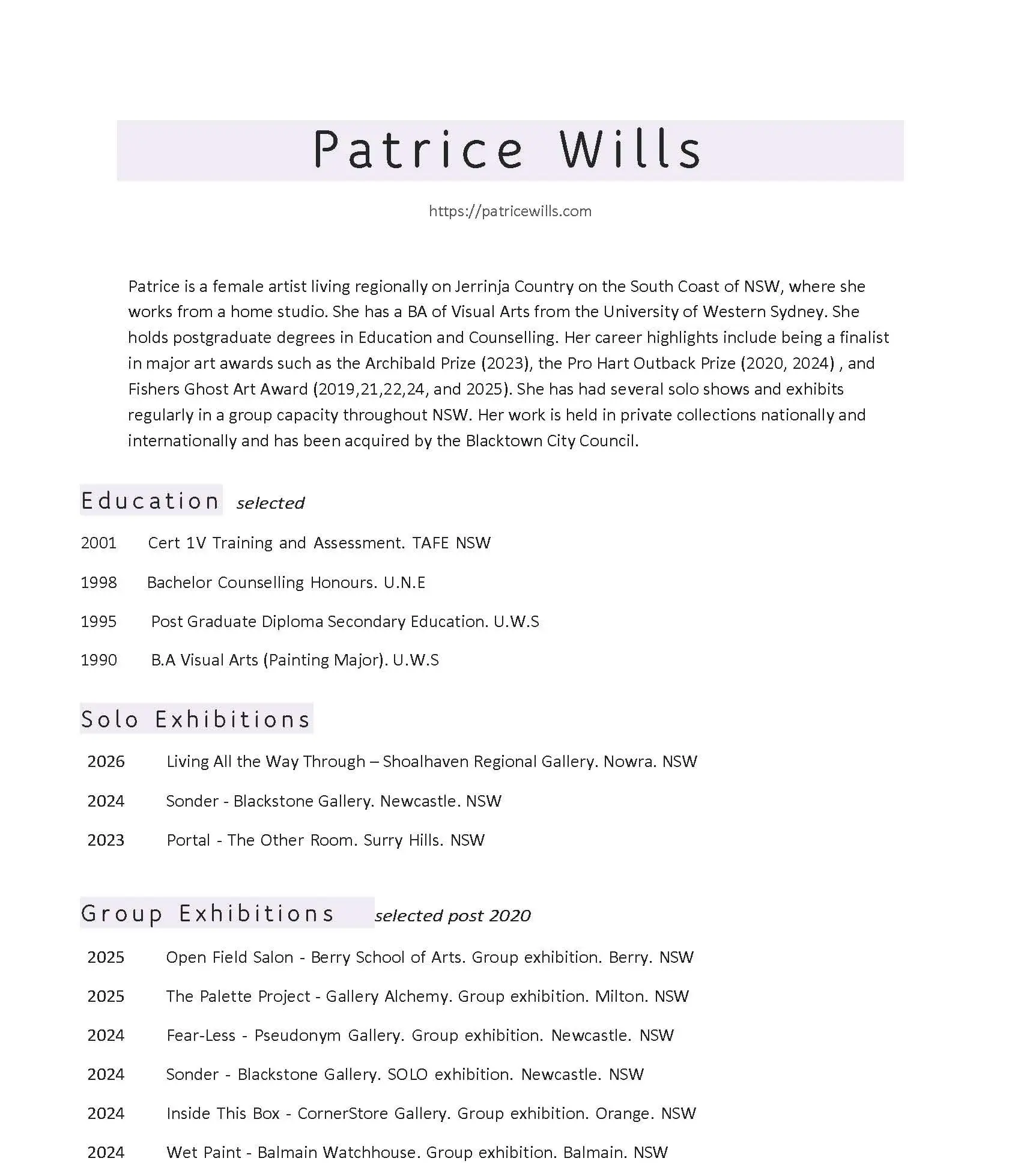 Artist Bio and CV Patrice Wills_Page_1 (Edit)